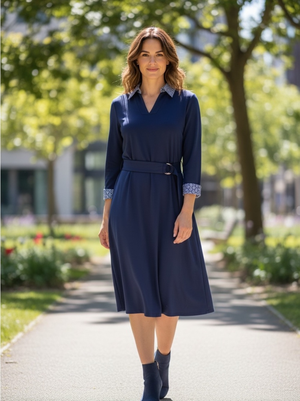 J. McLaughlin Navy Midi Dress with Contrast Collar